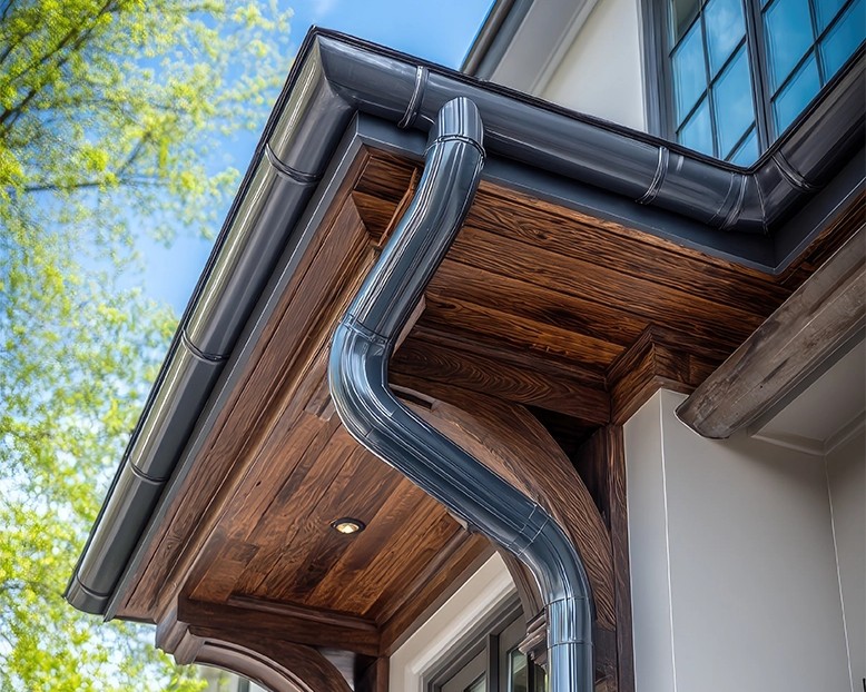 Seamless gutter and downspout system installed on a custom home for effective drainage