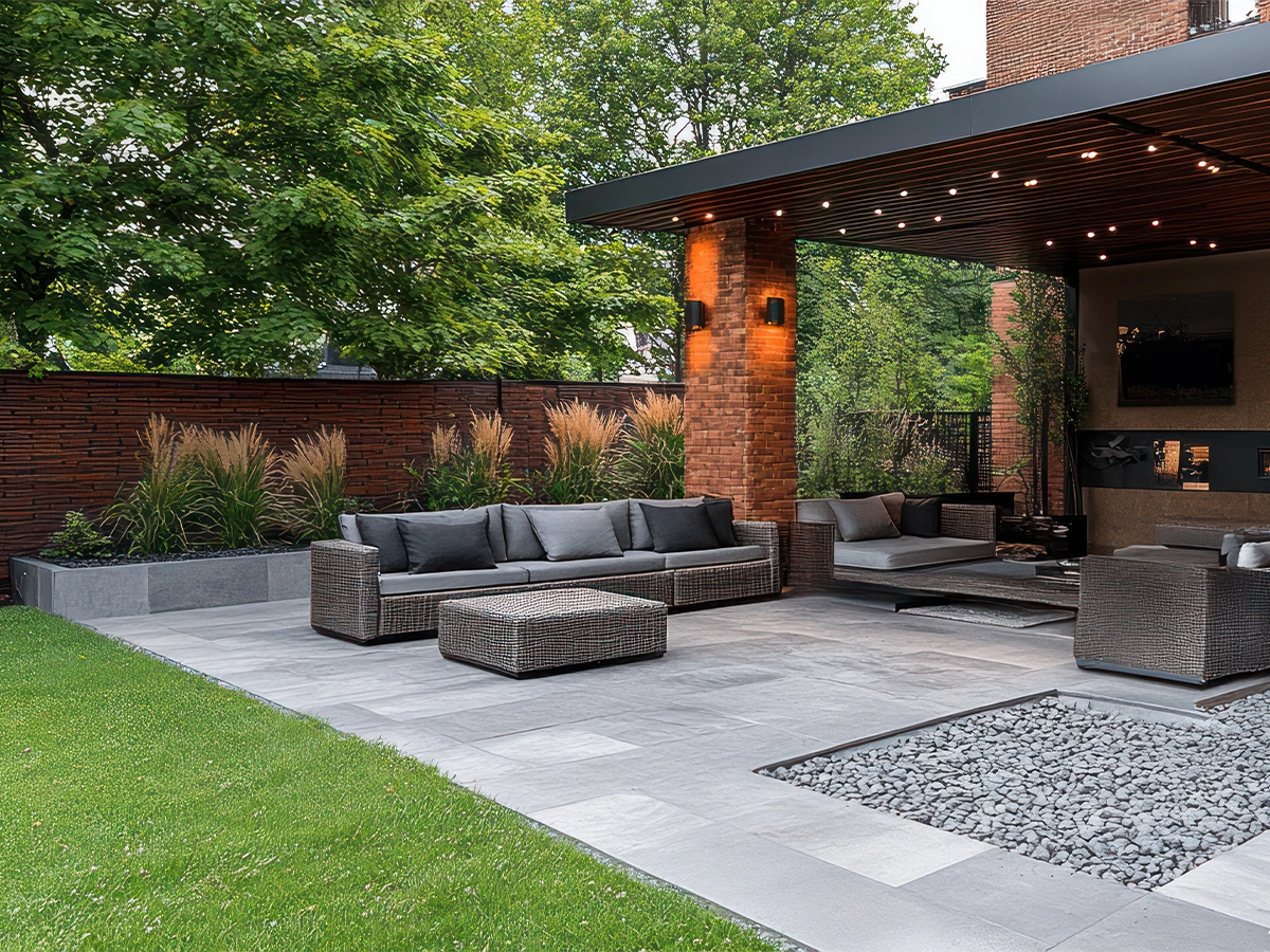Custom outdoor living space featuring a covered patio, modern seating, and professional landscape design